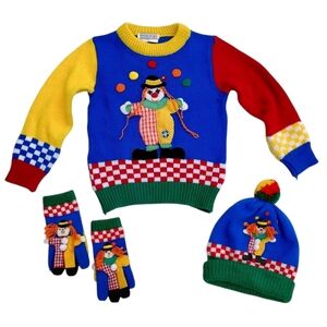 Vintage 90s Harlequin Designs By Cynthia McKinney Kids Knit Sweater Mittens Hat